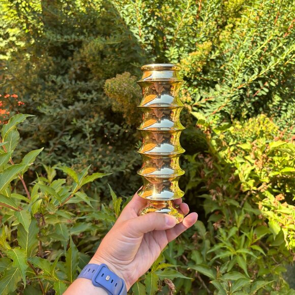 Pair of Vintage Solid Brass Vases by Krisna Indonesia MCM Geometric Home Decor - Picture 7 of 13